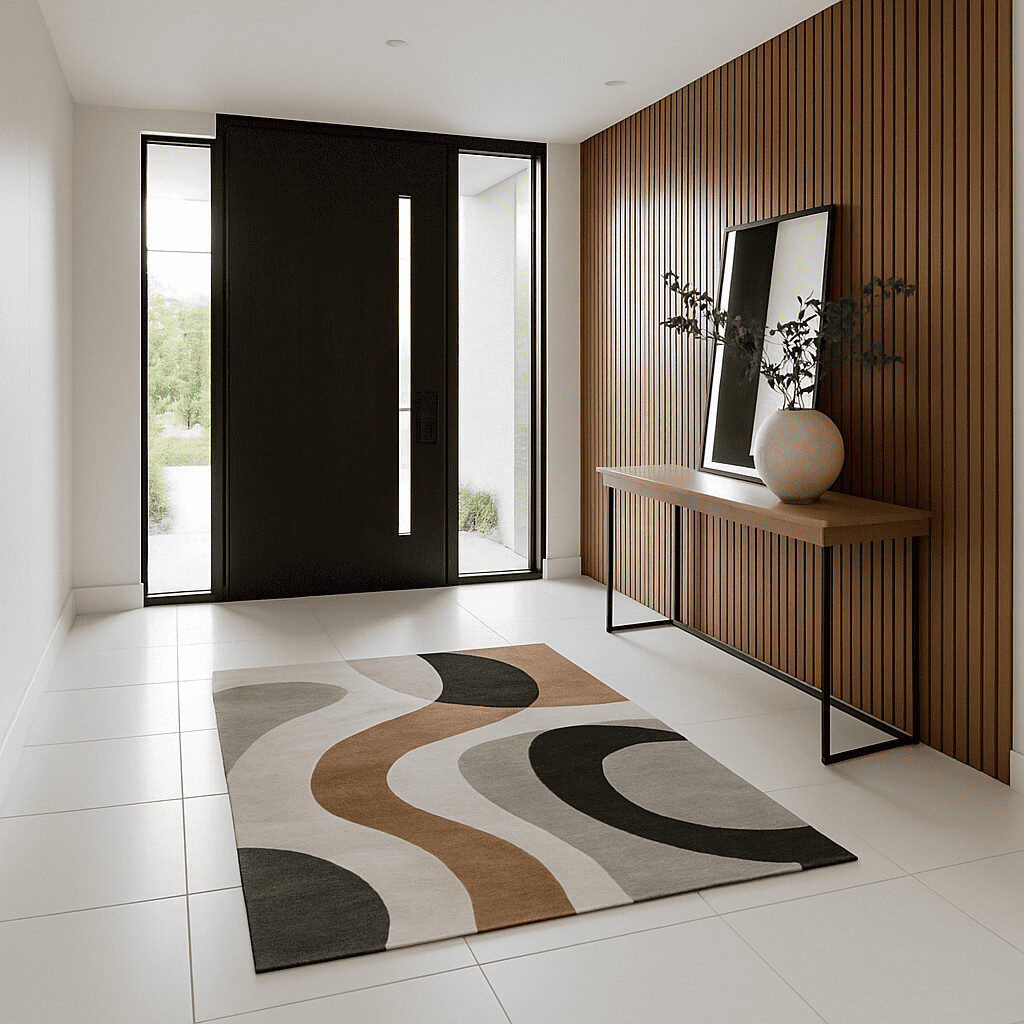 tile flooring in modern entryway with abstract rug