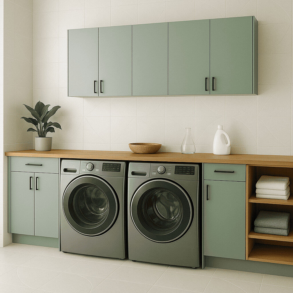 white large tiles in laundry room with green cabinets