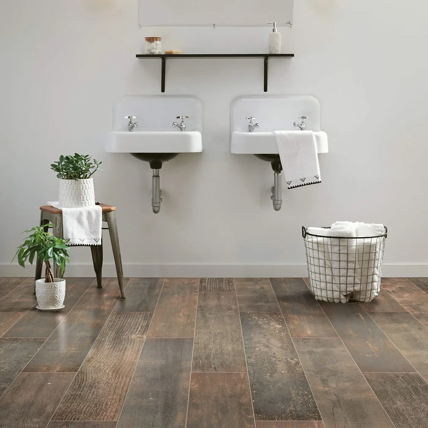 Emberwood-CS69Z-00719-Burned-7x47-8U396-RM-V Shaw Floors tile with a dark, burned wood look, in a bathroom