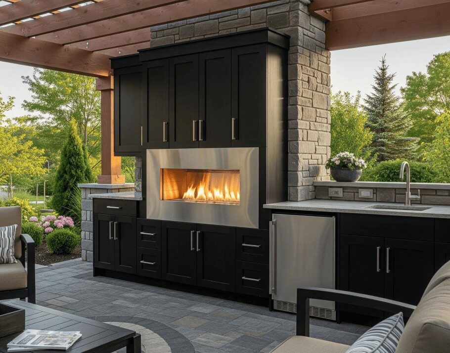 Outdoor cabinets with fireplace