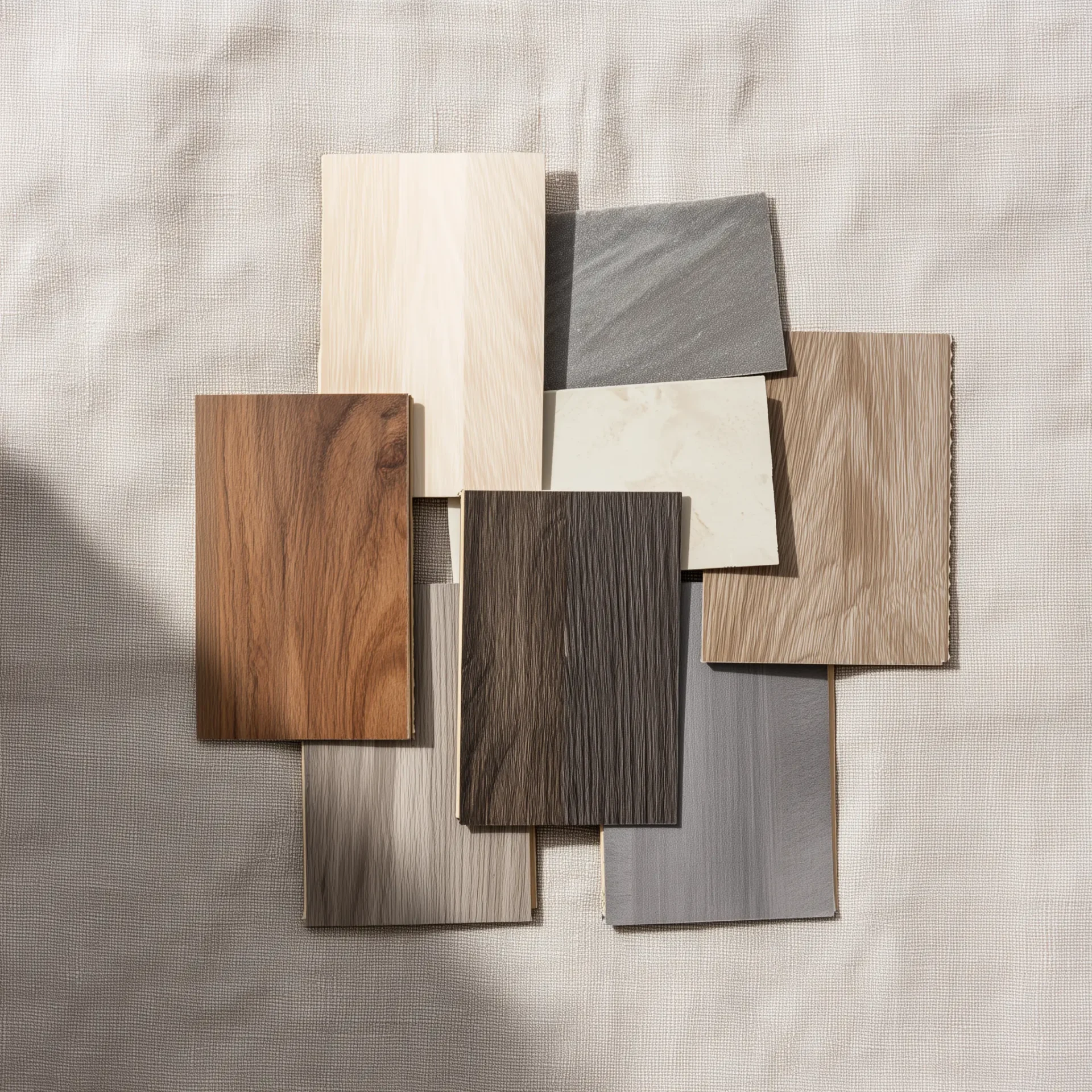 An overhead flat-lay of various laminate flooring samples, showcasing a variety of wood grains and stone textures, arranged on a textured light linen background.
